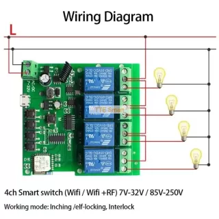 Công tắc WiFi 4 kênh 5-32VDC / 85-265VAC kết nối Wi-Fi app Tuya Smartlife, 433Mhz điều khiển từ xa